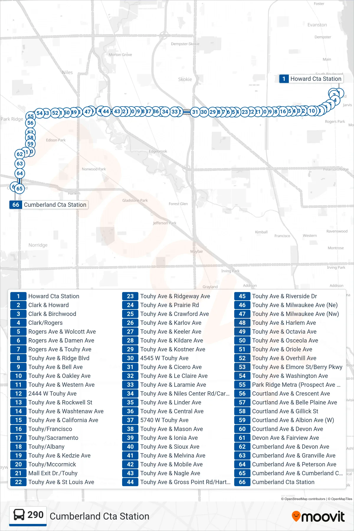290 bus Line (Cumberland Cta Station) route and stops on a map