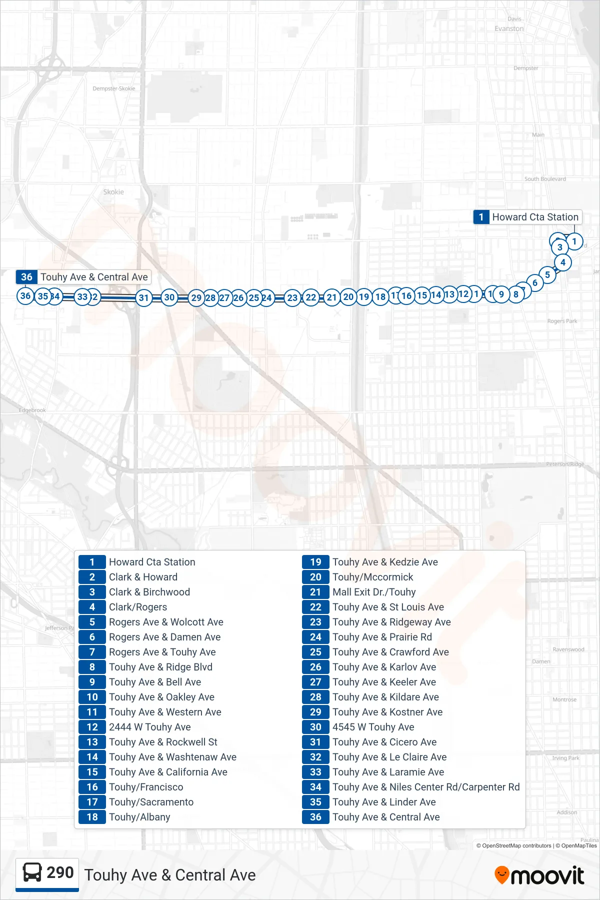 290 bus Line (Touhy Ave & Central Ave) route and stops on a map