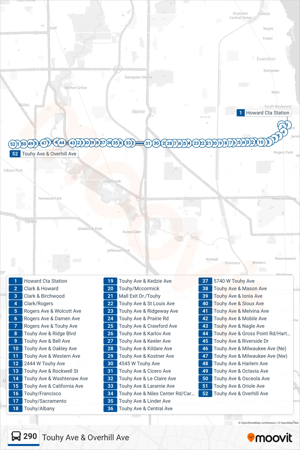 290 bus Line (Touhy Ave & Overhill Ave) route and stops on a map