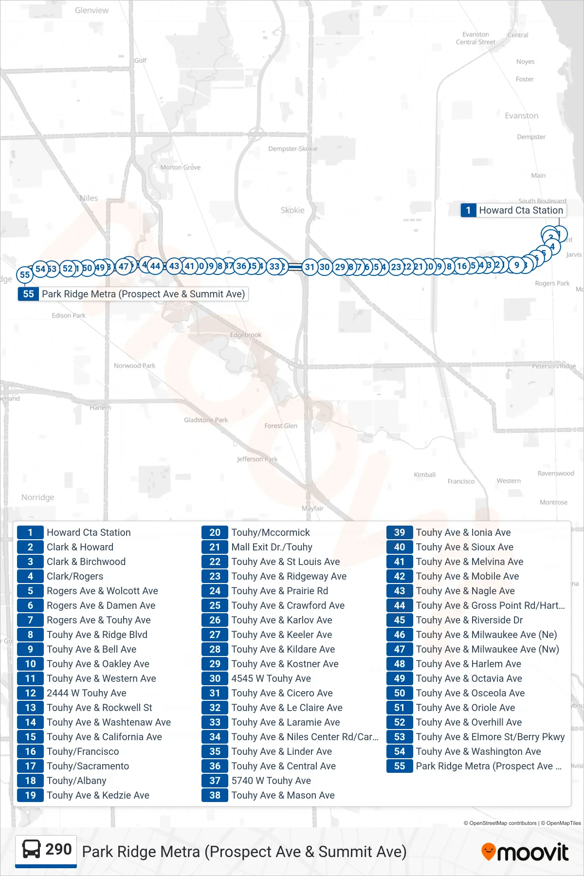 290 bus Line (Park Ridge Metra (Prospect Ave & Summit Ave)) route and stops on a map