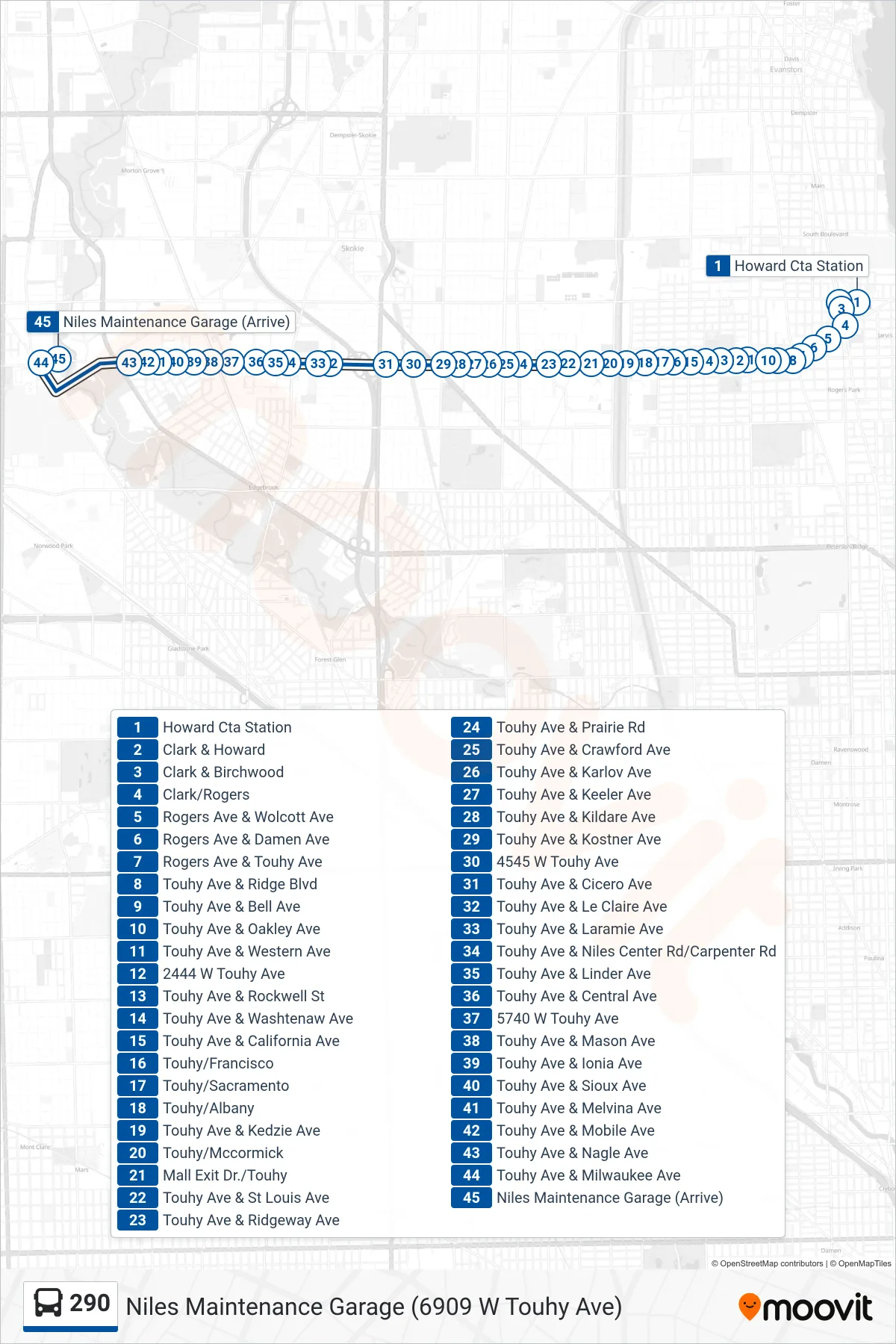 290 bus Line (Niles Maintenance Garage (6909 W Touhy Ave)) route and stops on a map
