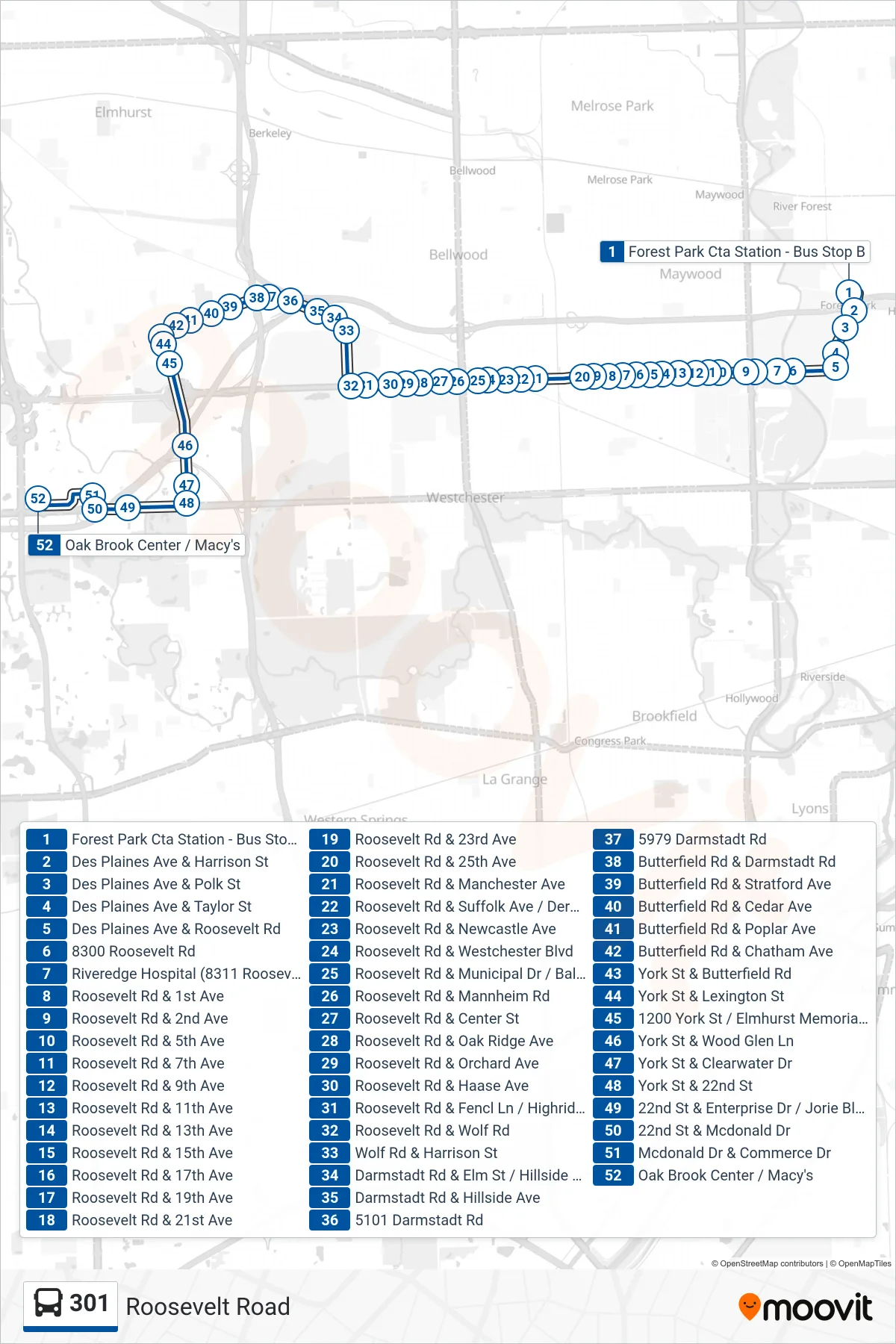 301 bus Line (Oak Brook Center / Macy's) route and stops on a map