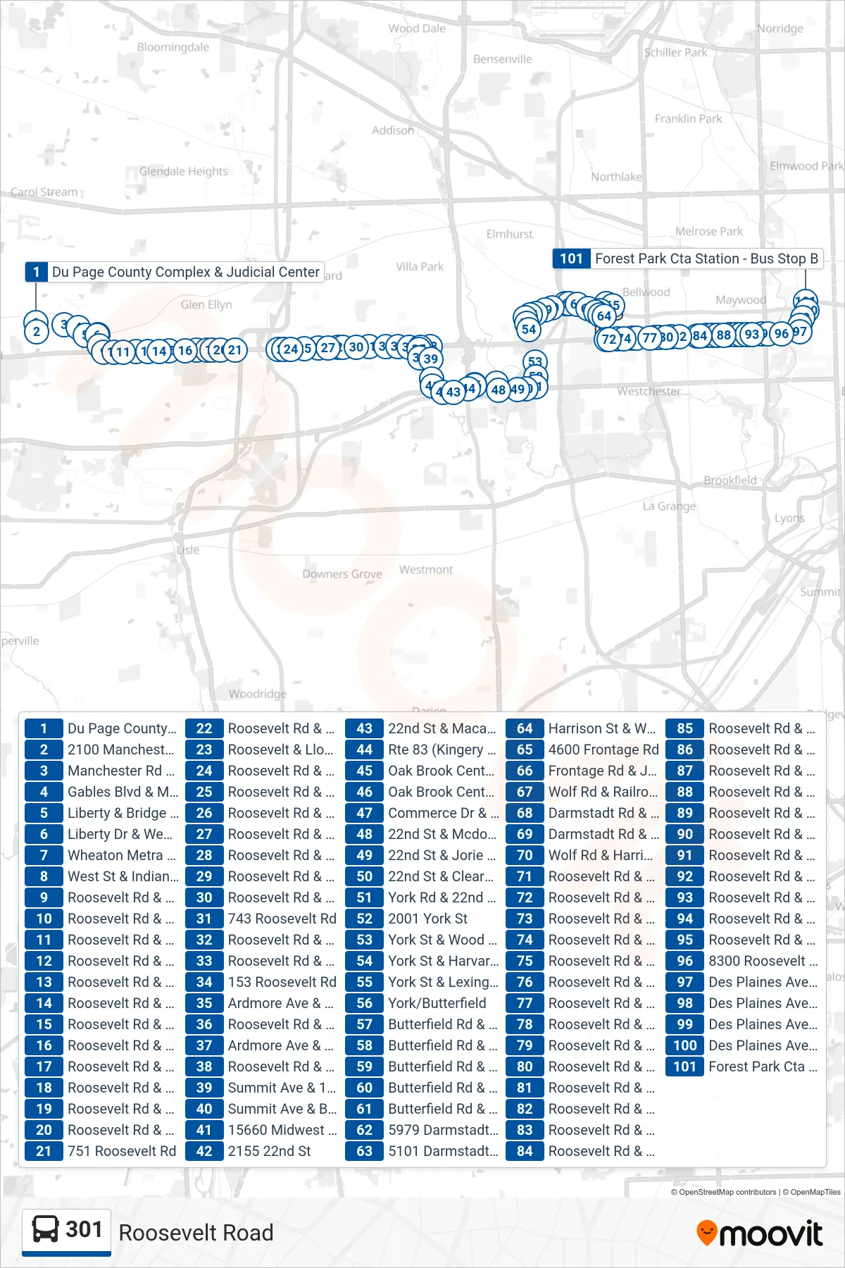 301 bus Line (Forest Park Cta Station - Bus Stop B) route and stops on a map