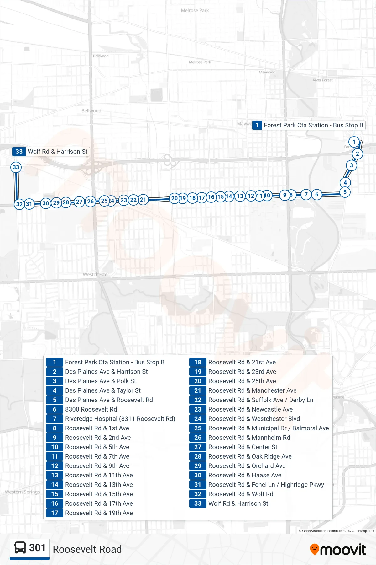 301 bus Line (Wolf Rd & Harrison St) route and stops on a map