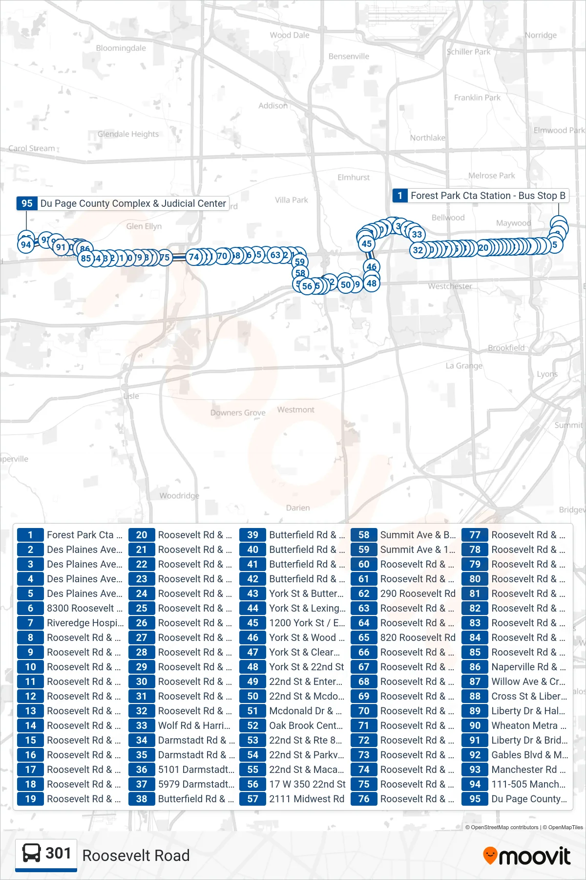301 bus Line (Du Page County Complex & Judicial Center) route and stops on a map