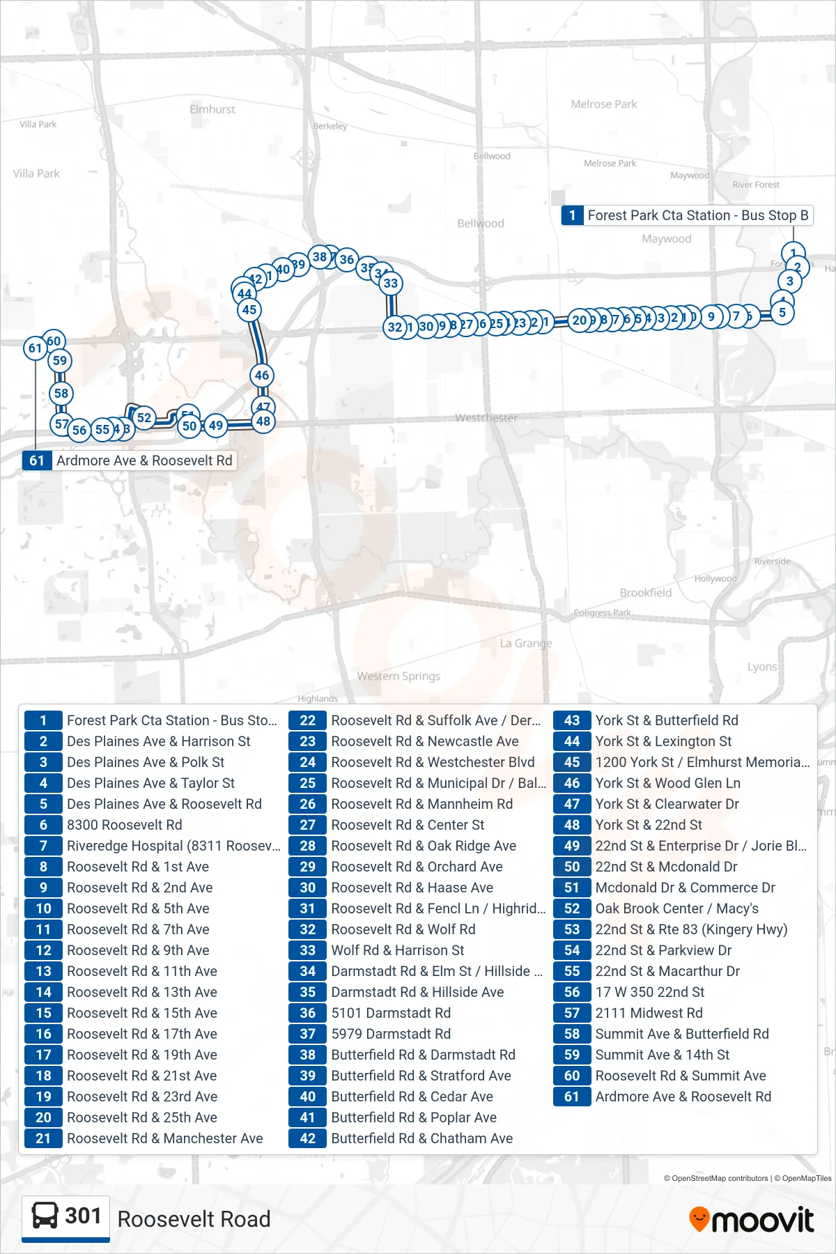 301 bus Line (Ardmore Ave & Roosevelt Rd) route and stops on a map