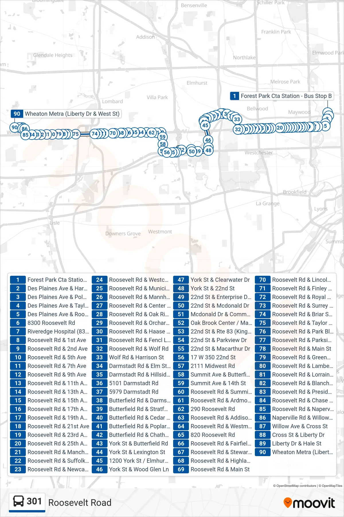 301 bus Line (Wheaton Metra (Liberty Dr & West St)) route and stops on a map