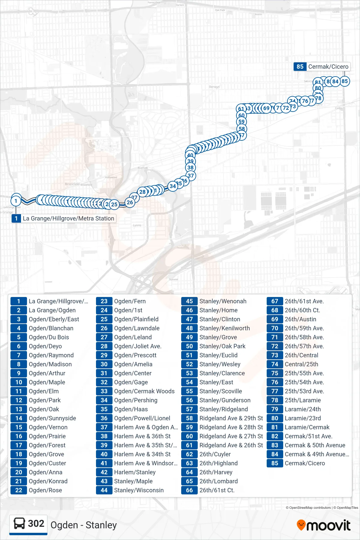 302 bus Line (Cermak/Cicero) route and stops on a map