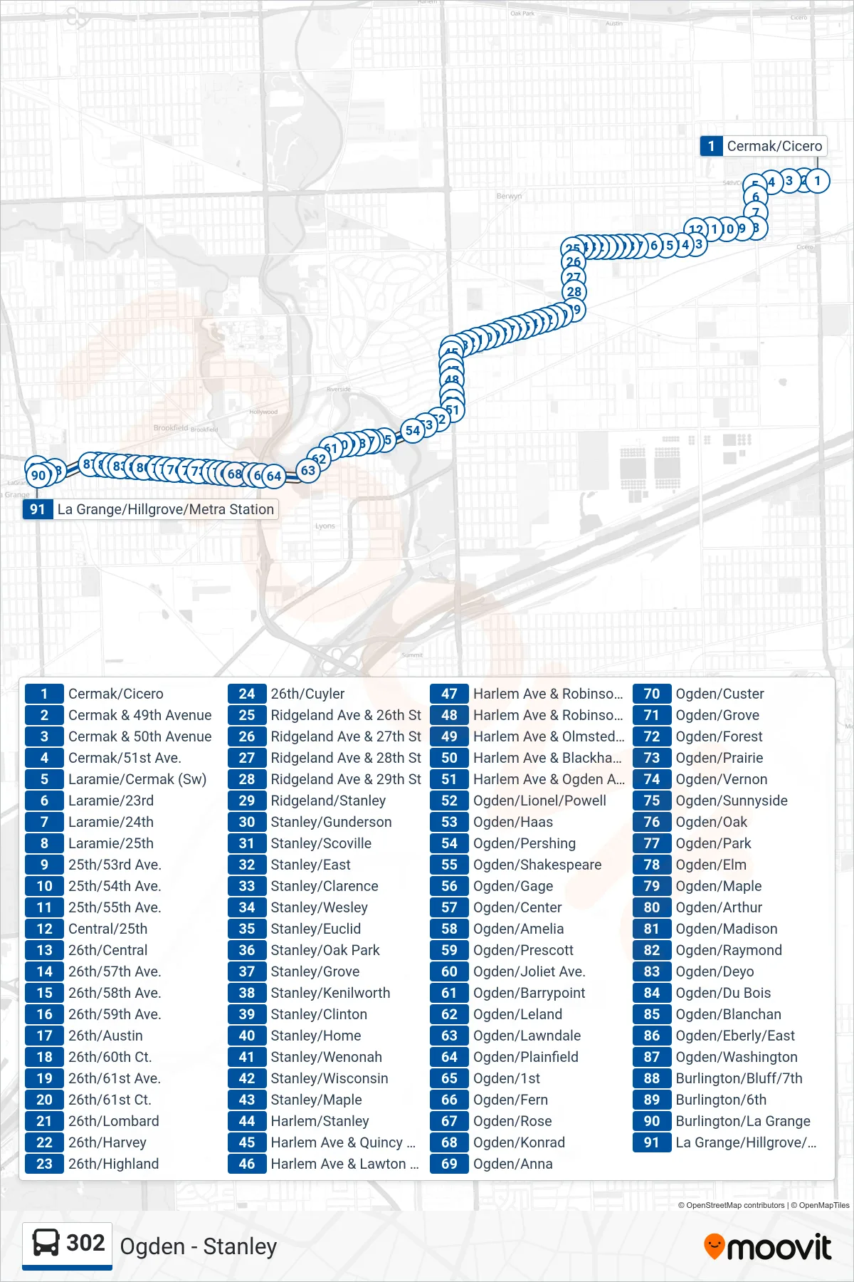 302 bus Line (La Grange/Hillgrove/Metra Station) route and stops on a map