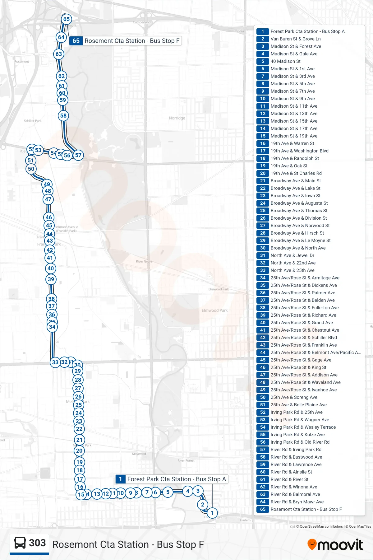303 bus Line (Rosemont Cta Station - Bus Stop F) route and stops on a map