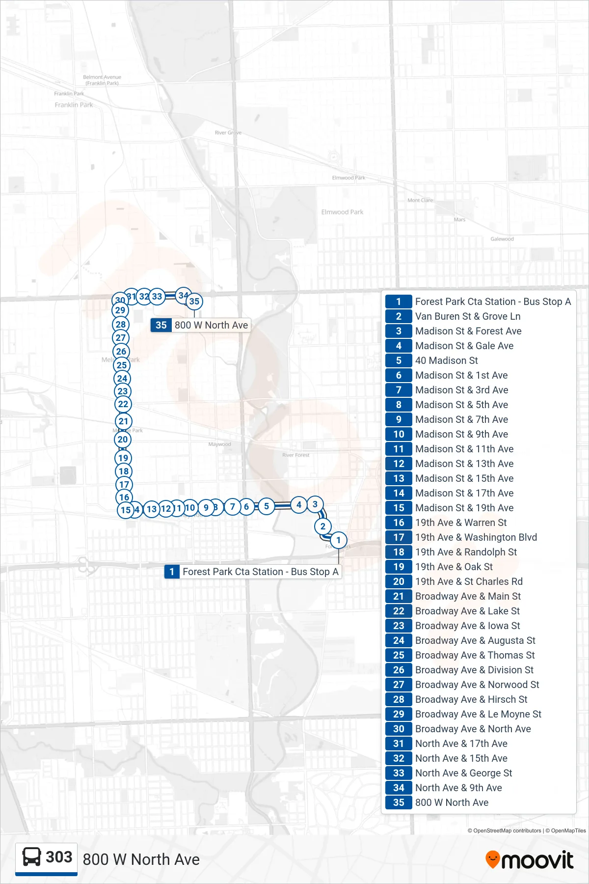303 bus Line (800 W North Ave) route and stops on a map