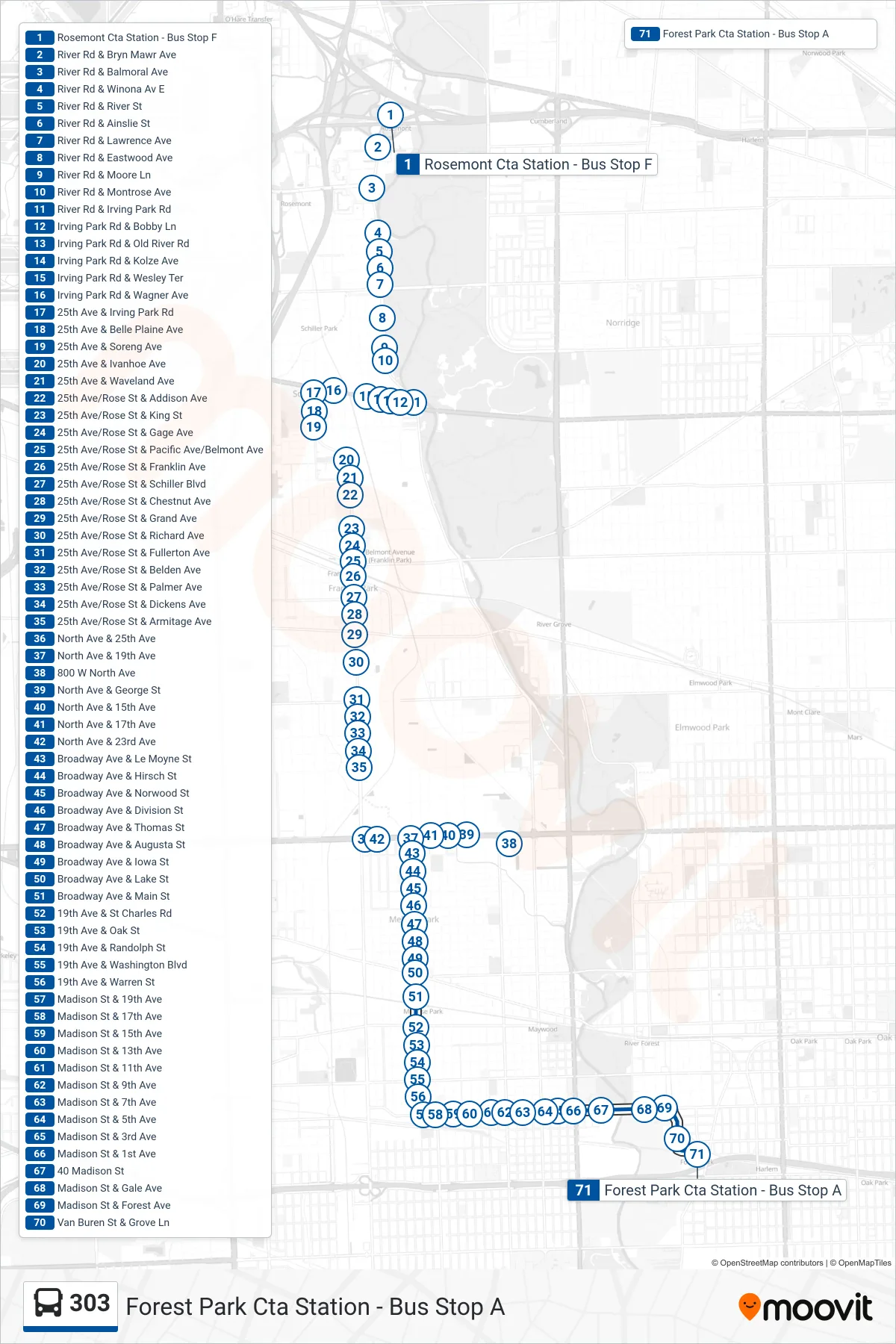 303 bus Line (Forest Park Cta Station - Bus Stop A) route and stops on a map