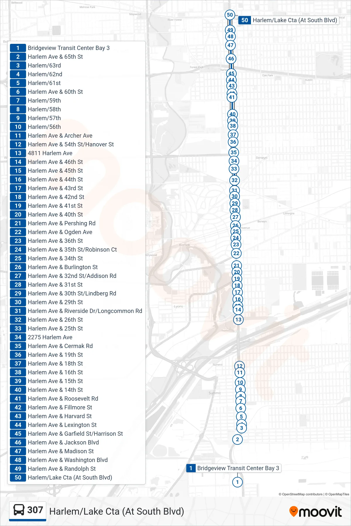 307 bus Line (Harlem/Lake Cta (At South Blvd)) route and stops on a map