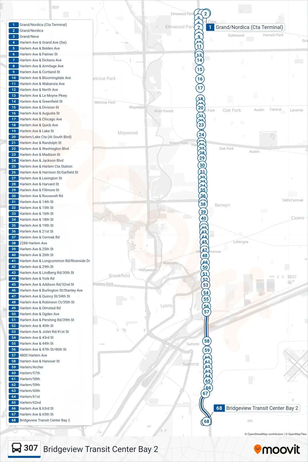 307 bus Line (Bridgeview Transit Center Bay 2) route and stops on a map
