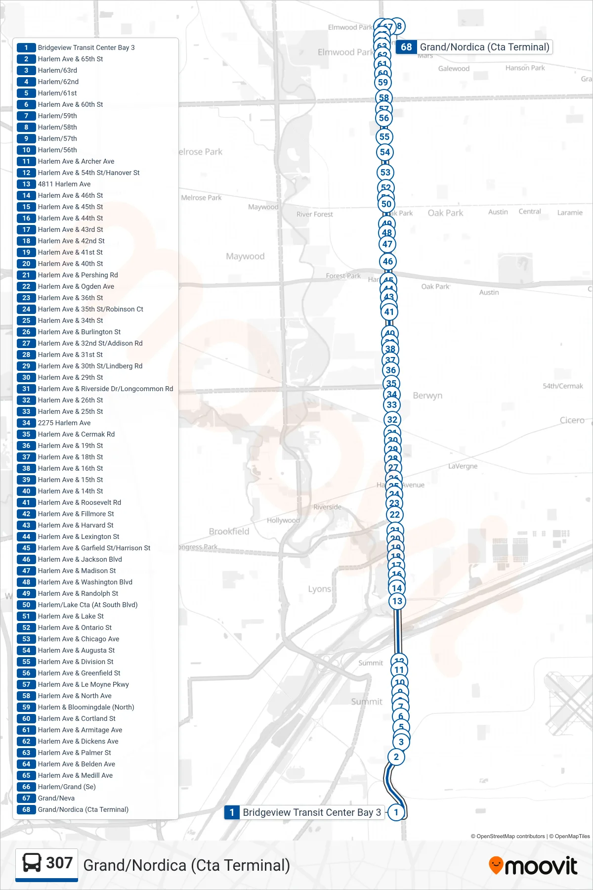 307 bus Line (Grand/Nordica (Cta Terminal)) route and stops on a map