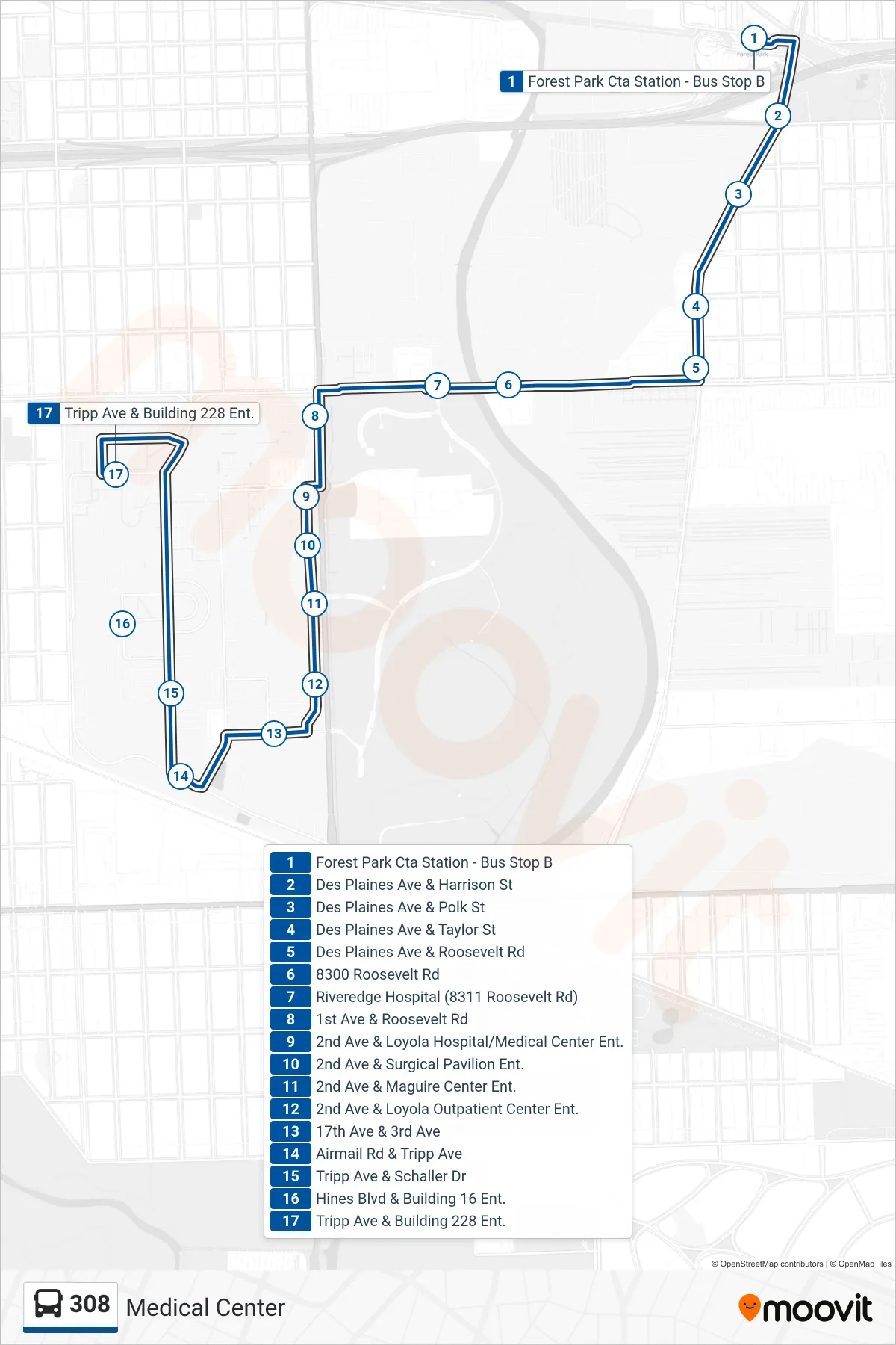 308 bus Line (Tripp Ave & Building 228 Ent.) route and stops on a map