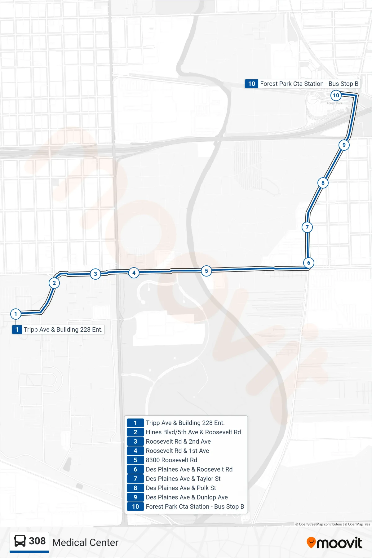 308 bus Line (Forest Park Cta Station - Bus Stop B) route and stops on a map