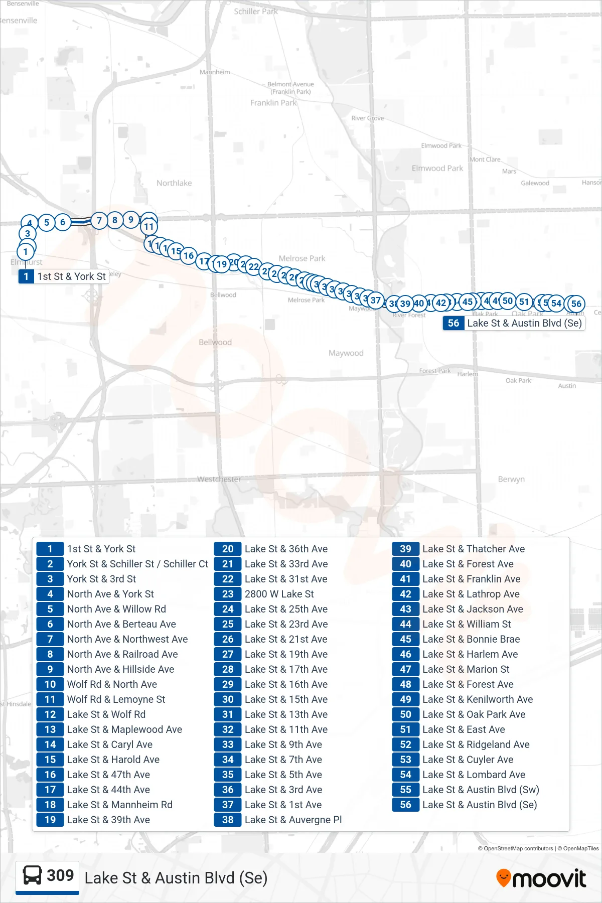 309 bus Line (Lake St & Austin Blvd (Se)) route and stops on a map