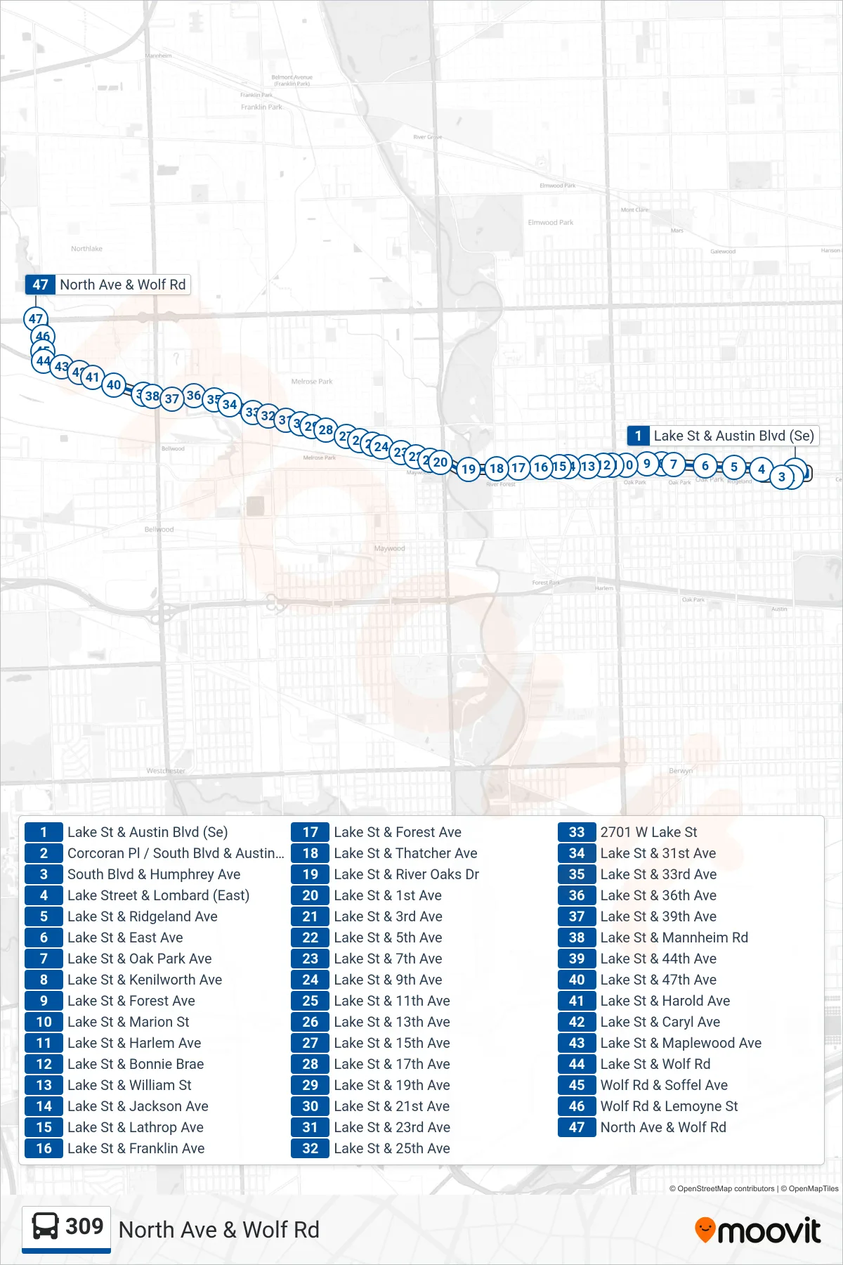 309 bus Line (North Ave & Wolf Rd) route and stops on a map