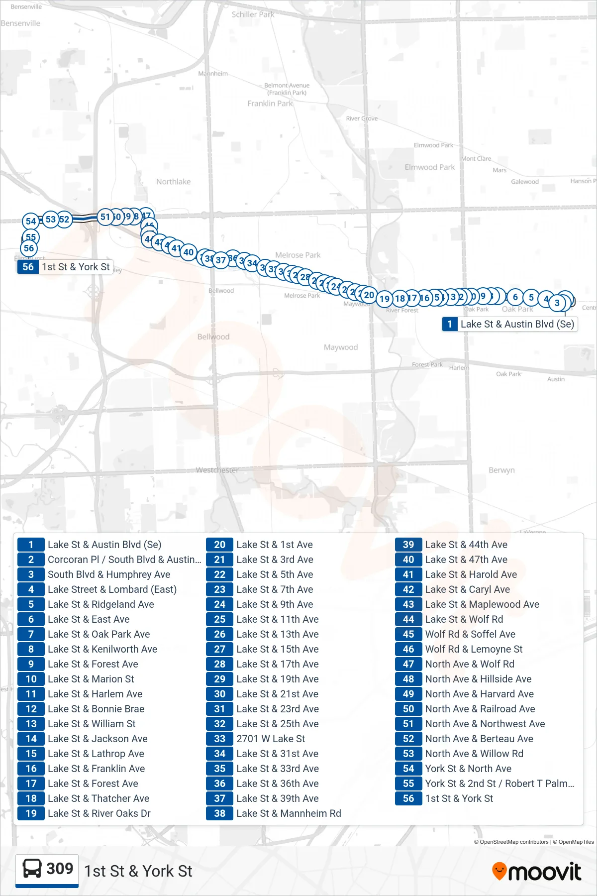 309 bus Line (1st St & York St) route and stops on a map