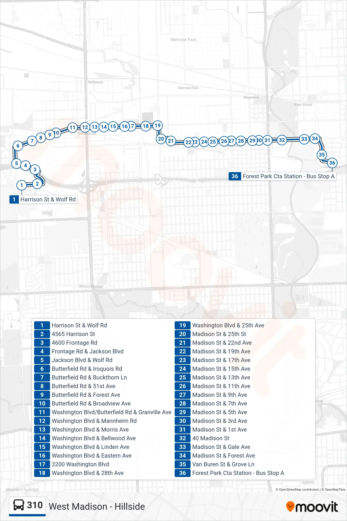 310 bus Line (Forest Park Cta Station - Bus Stop A) route and stops on a map