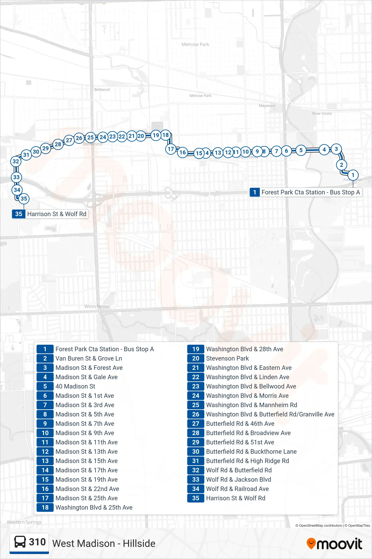 310 bus Line (Harrison St & Wolf Rd) route and stops on a map