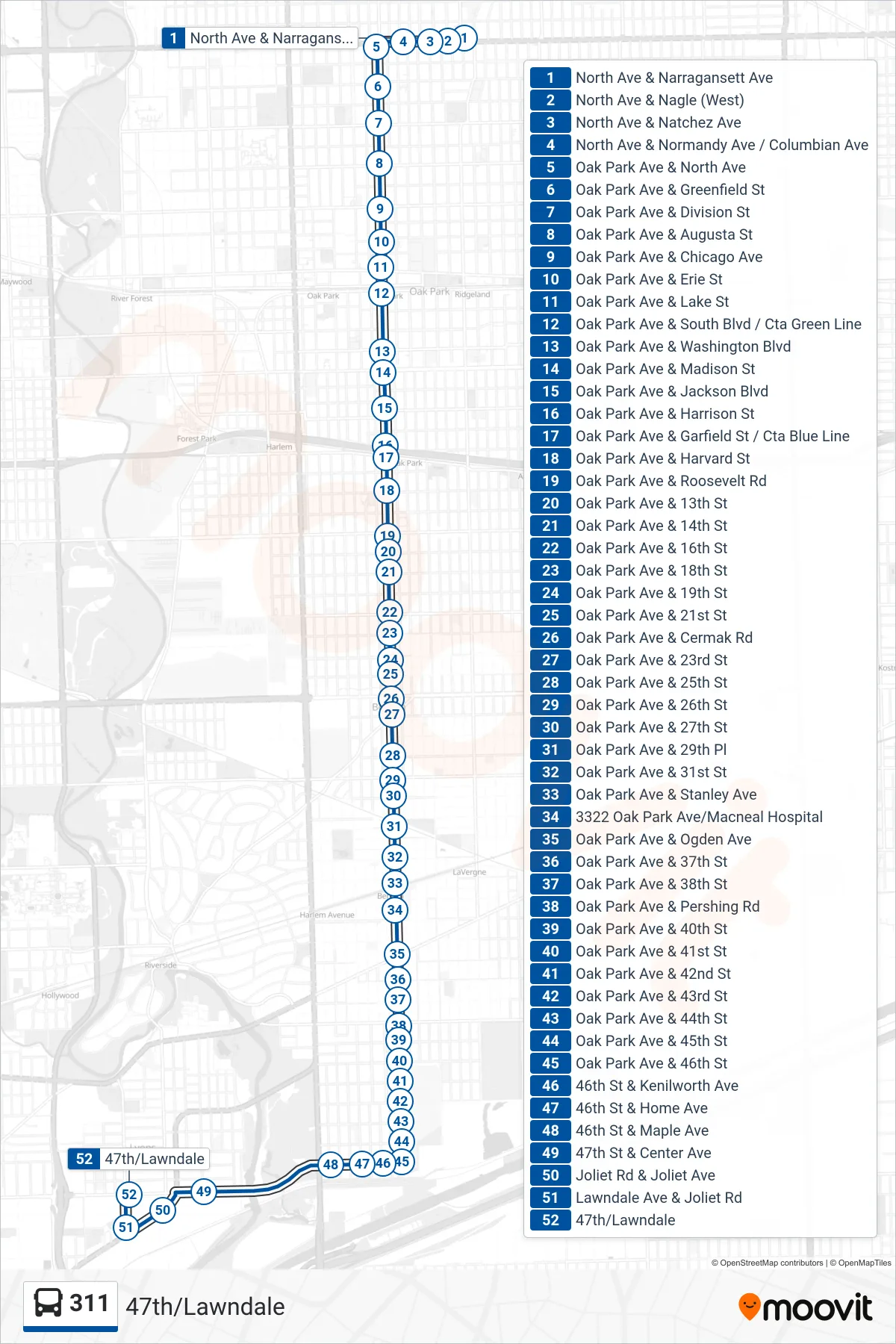 311 bus Line (47th/Lawndale) route and stops on a map