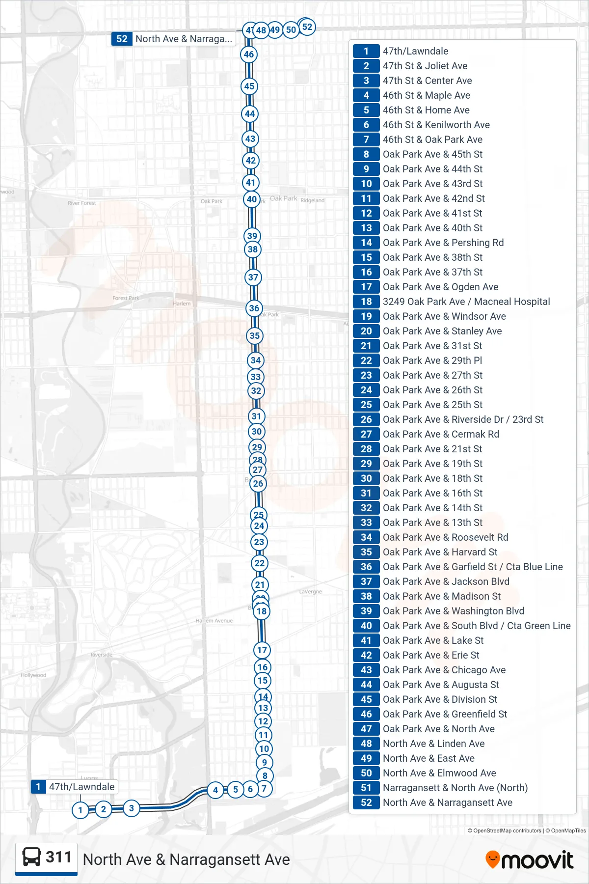 311 bus Line (North Ave & Narragansett Ave) route and stops on a map