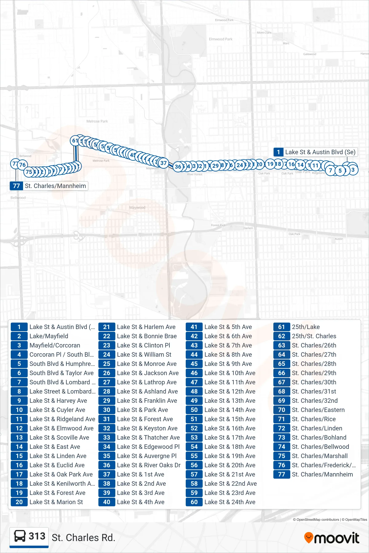 313 bus Line (St. Charles/Mannheim) route and stops on a map