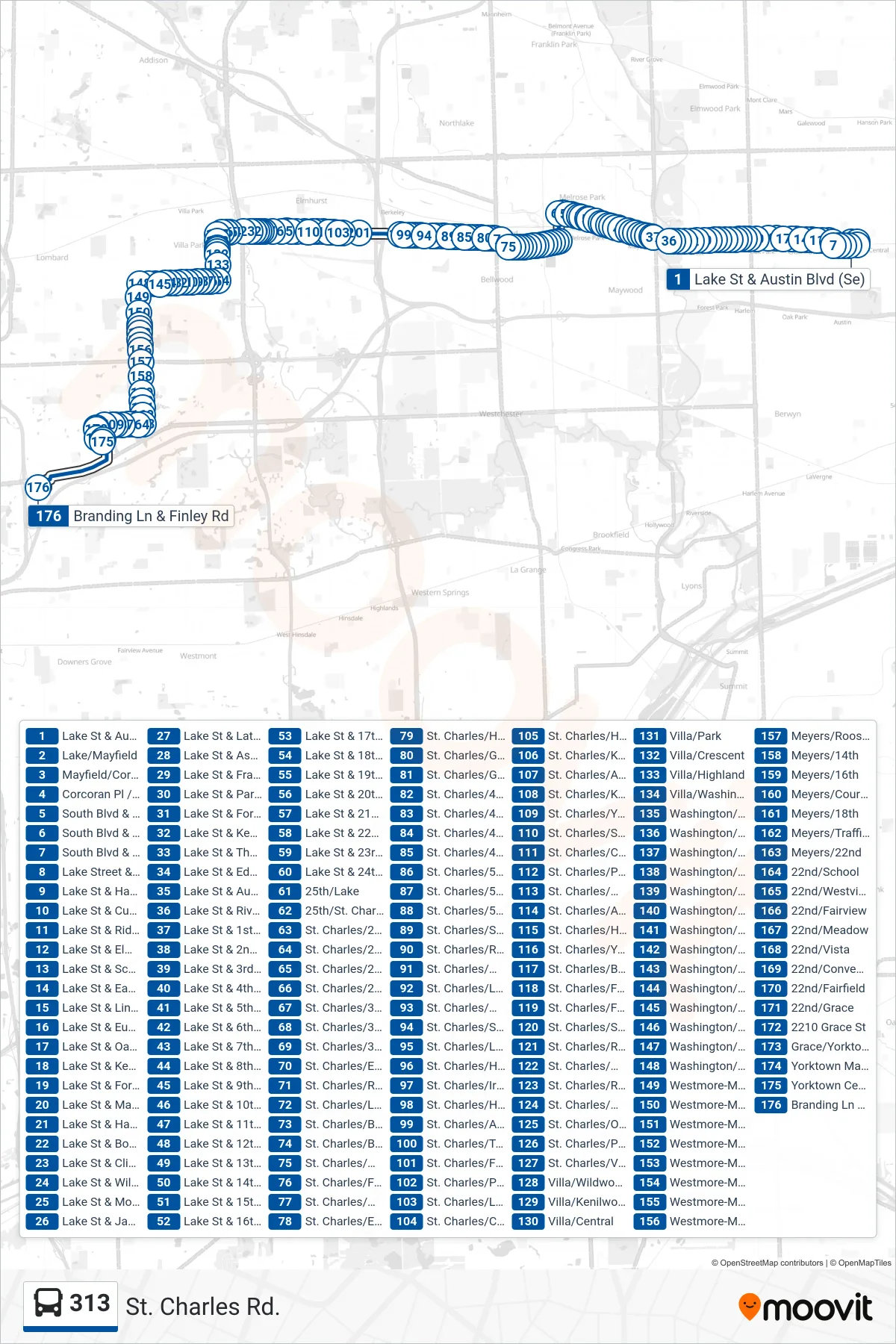 313 bus Line (Branding Ln & Finley Rd) route and stops on a map