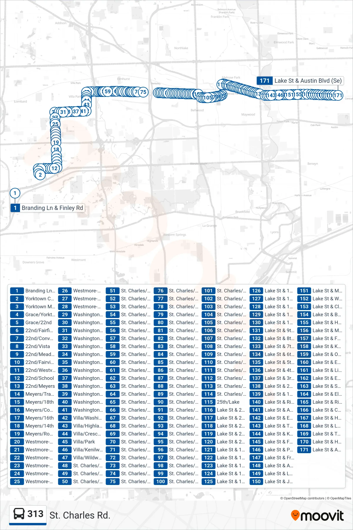 313 bus Line (Lake St & Austin Blvd (Se)) route and stops on a map
