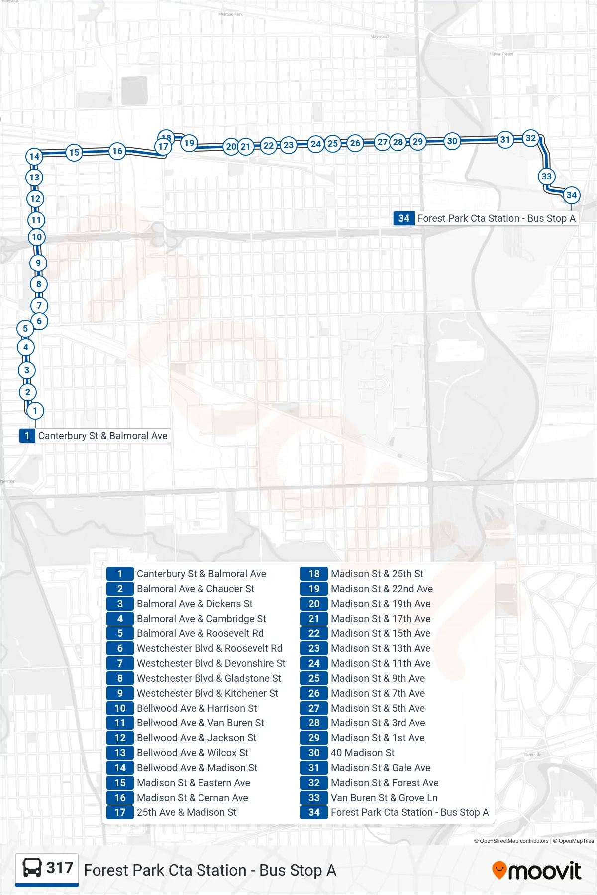 317 bus Line (Forest Park Cta Station - Bus Stop A) route and stops on a map