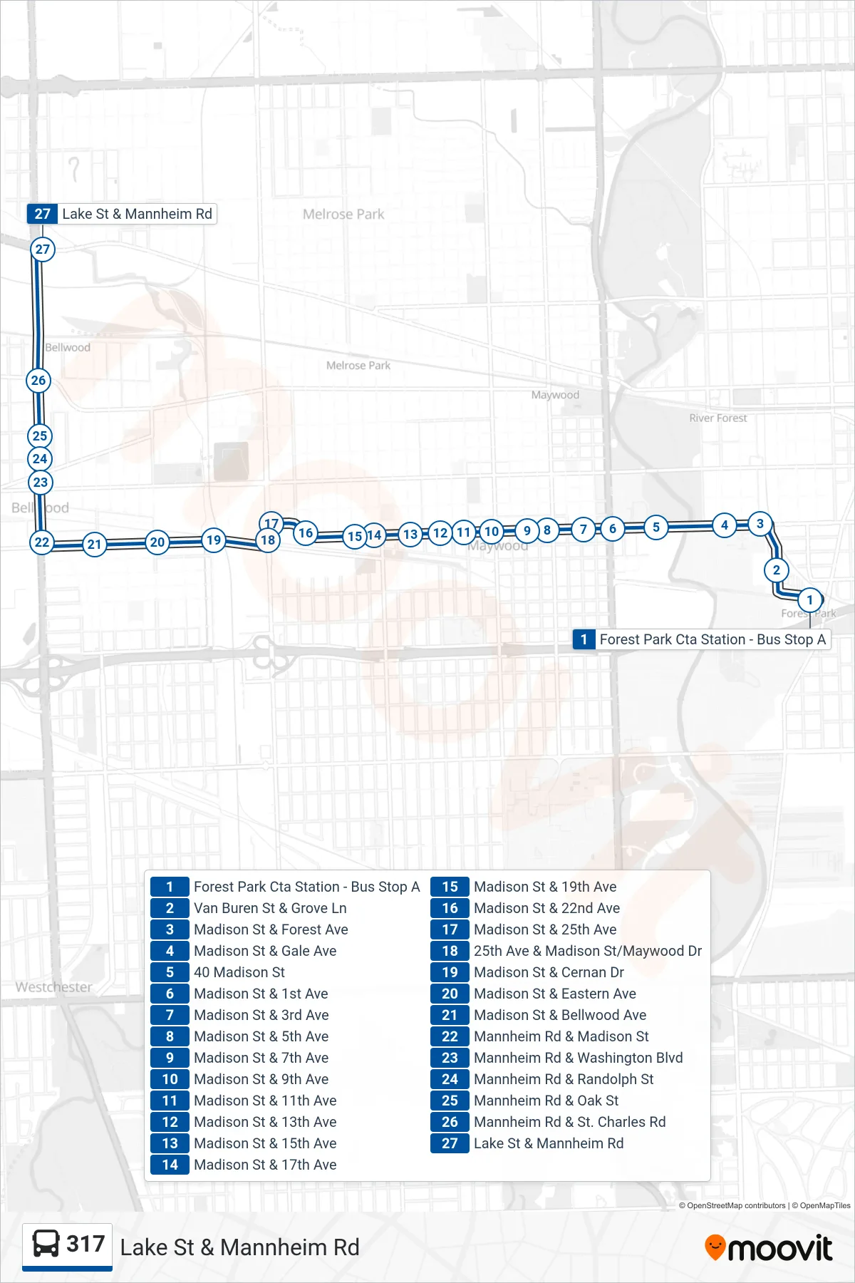 317 bus Line (Lake St & Mannheim Rd) route and stops on a map