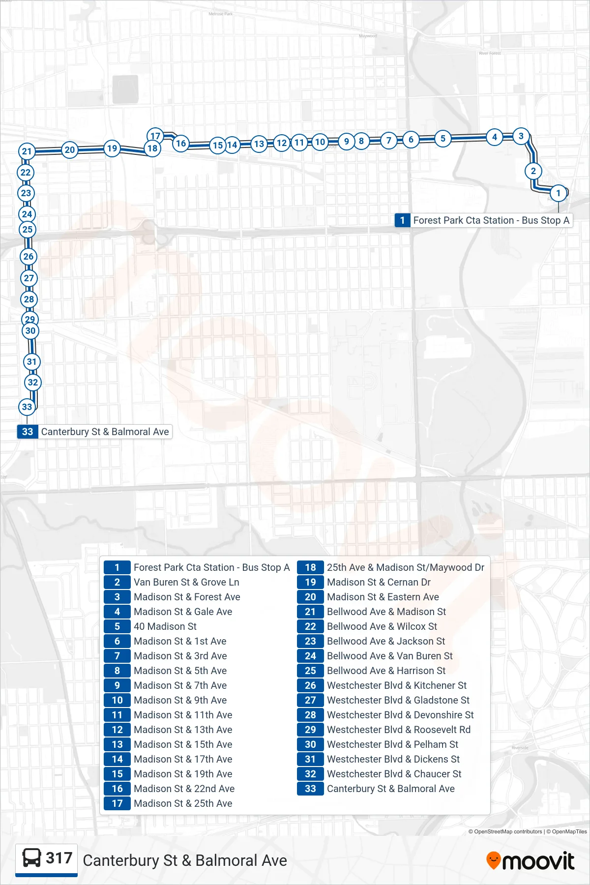 317 bus Line (Canterbury St & Balmoral Ave) route and stops on a map