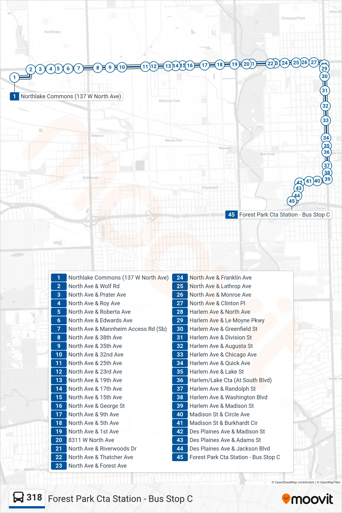 318 bus Line (Forest Park Cta Station - Bus Stop C) route and stops on a map