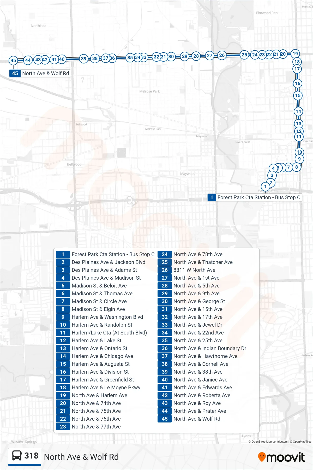 318 bus Line (North Ave & Wolf Rd) route and stops on a map