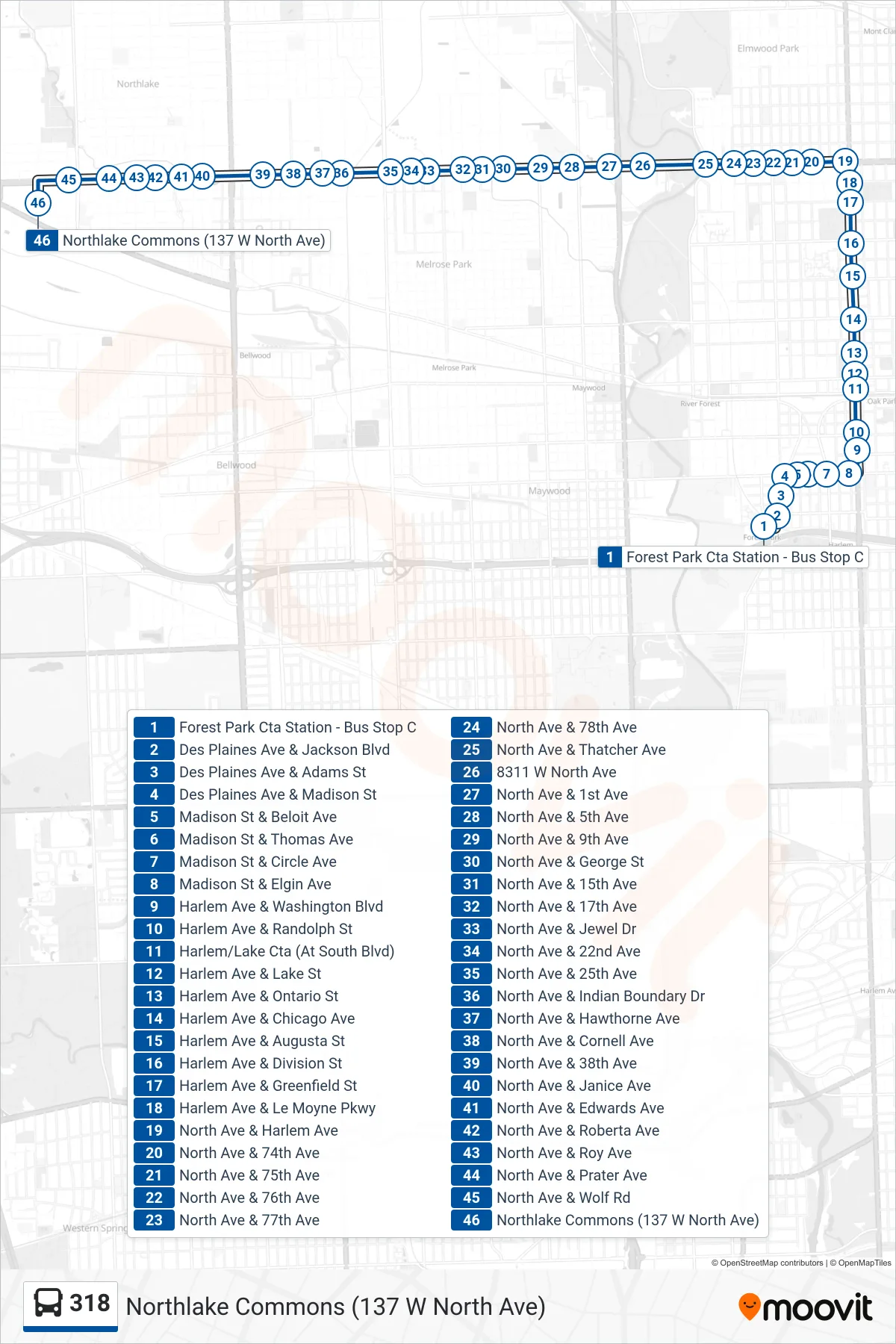 318 bus Line (Northlake Commons (137 W North Ave)) route and stops on a map