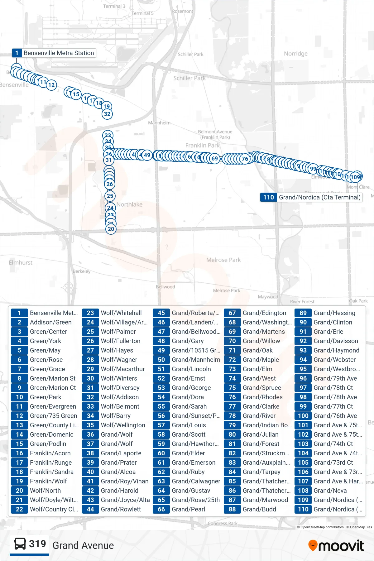 319 bus Line (Grand/Nordica (Cta Terminal)) route and stops on a map