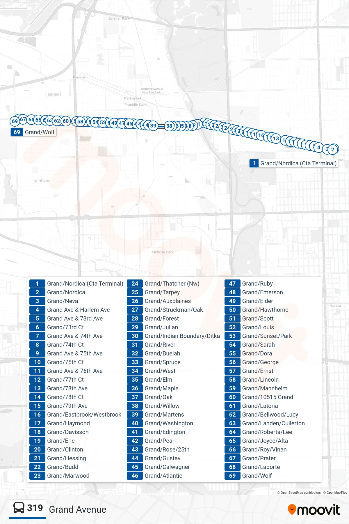 319 bus Line (Grand/Wolf) route and stops on a map