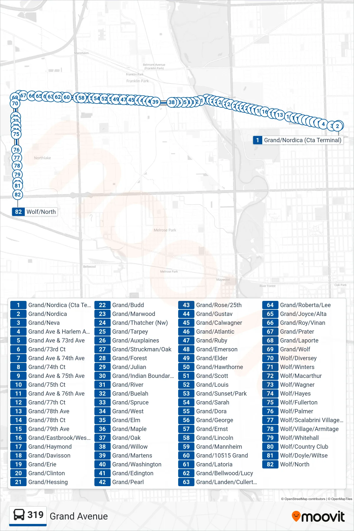 319 bus Line (Wolf/North) route and stops on a map