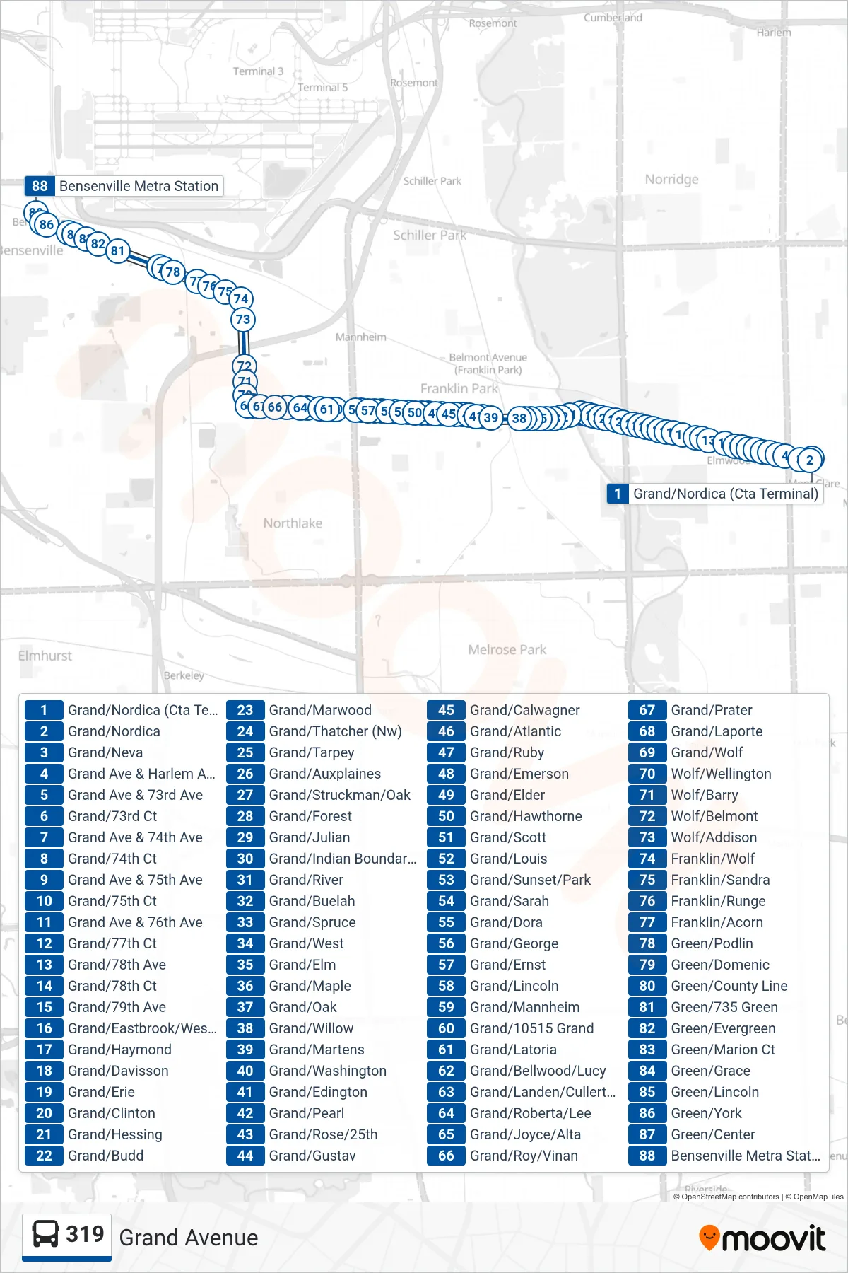 319 bus Line (Bensenville Metra Station) route and stops on a map