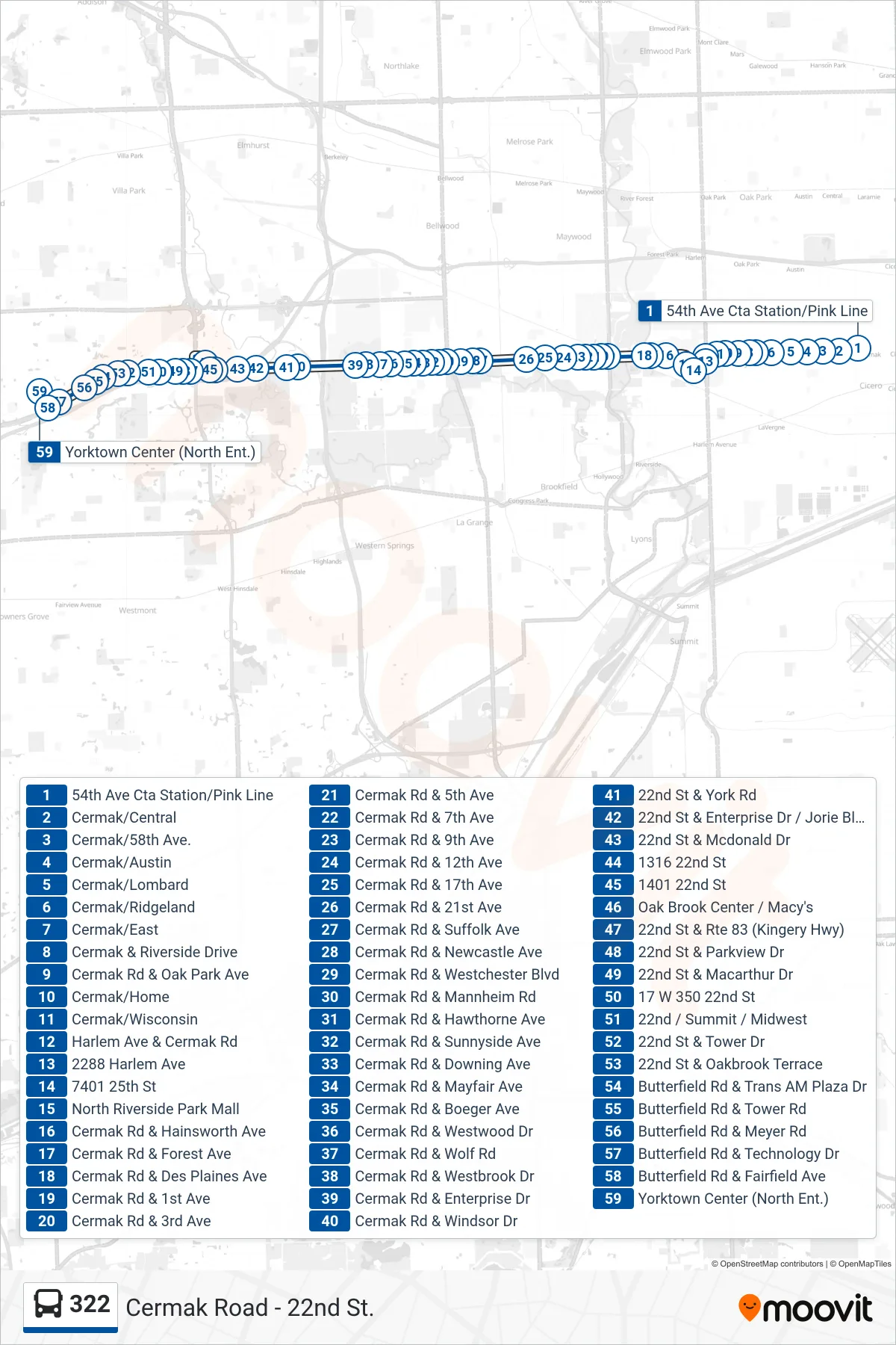 322 bus Line (Yorktown Center (North Ent.)) route and stops on a map