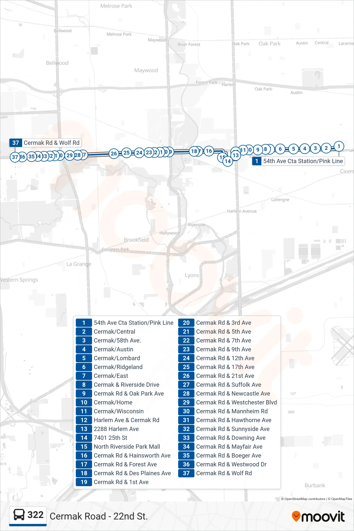322 bus Line (Cermak Rd & Wolf Rd) route and stops on a map