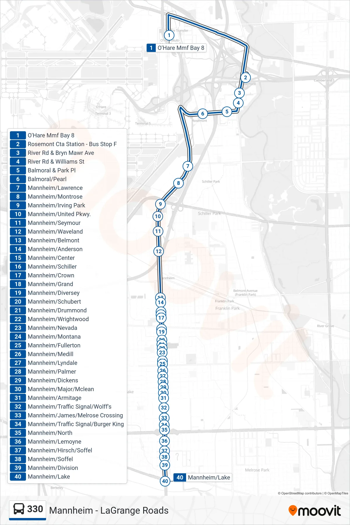 330 bus Line (Mannheim/Lake) route and stops on a map