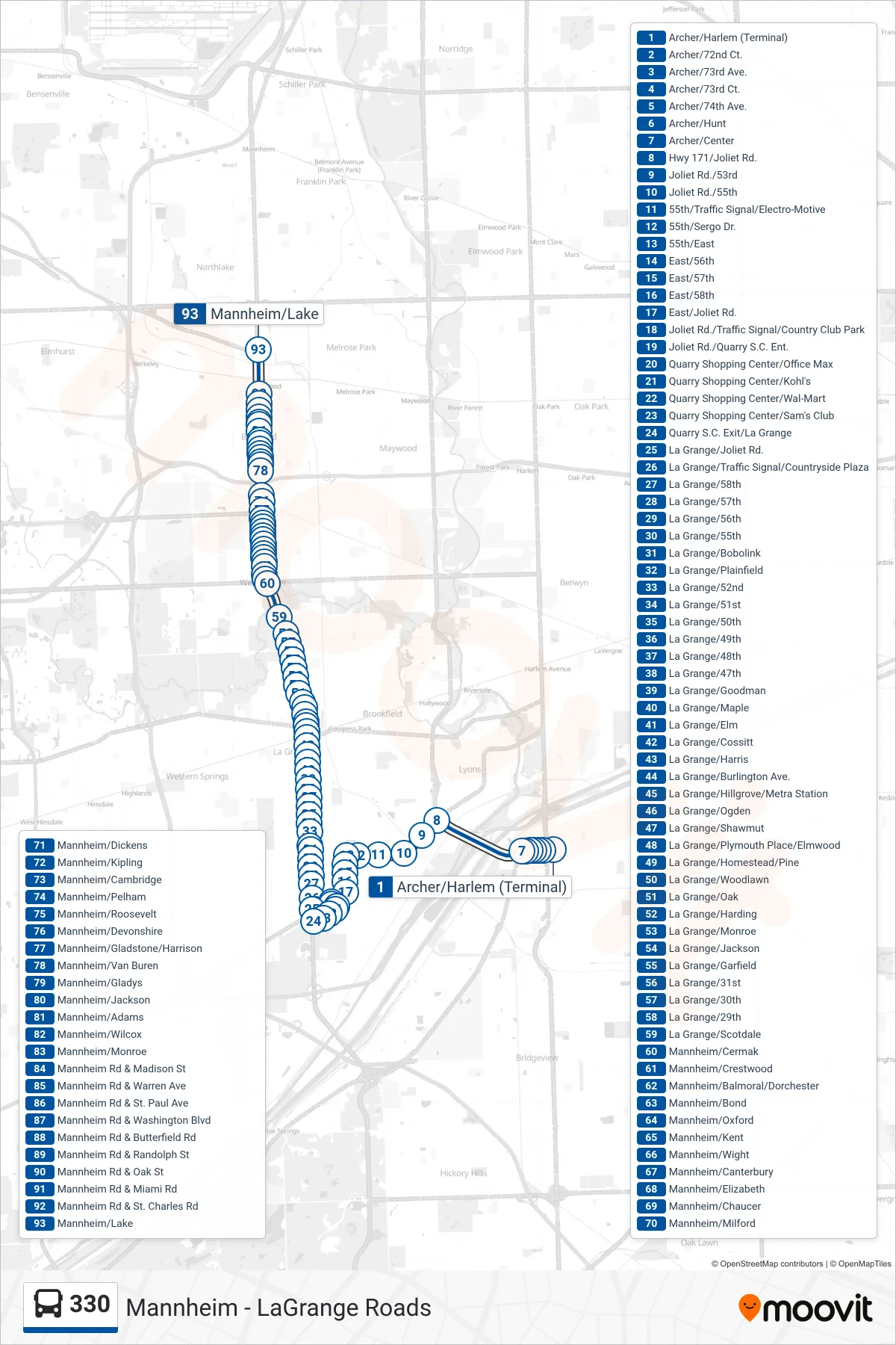 330 bus Line (Mannheim/Lake) route and stops on a map