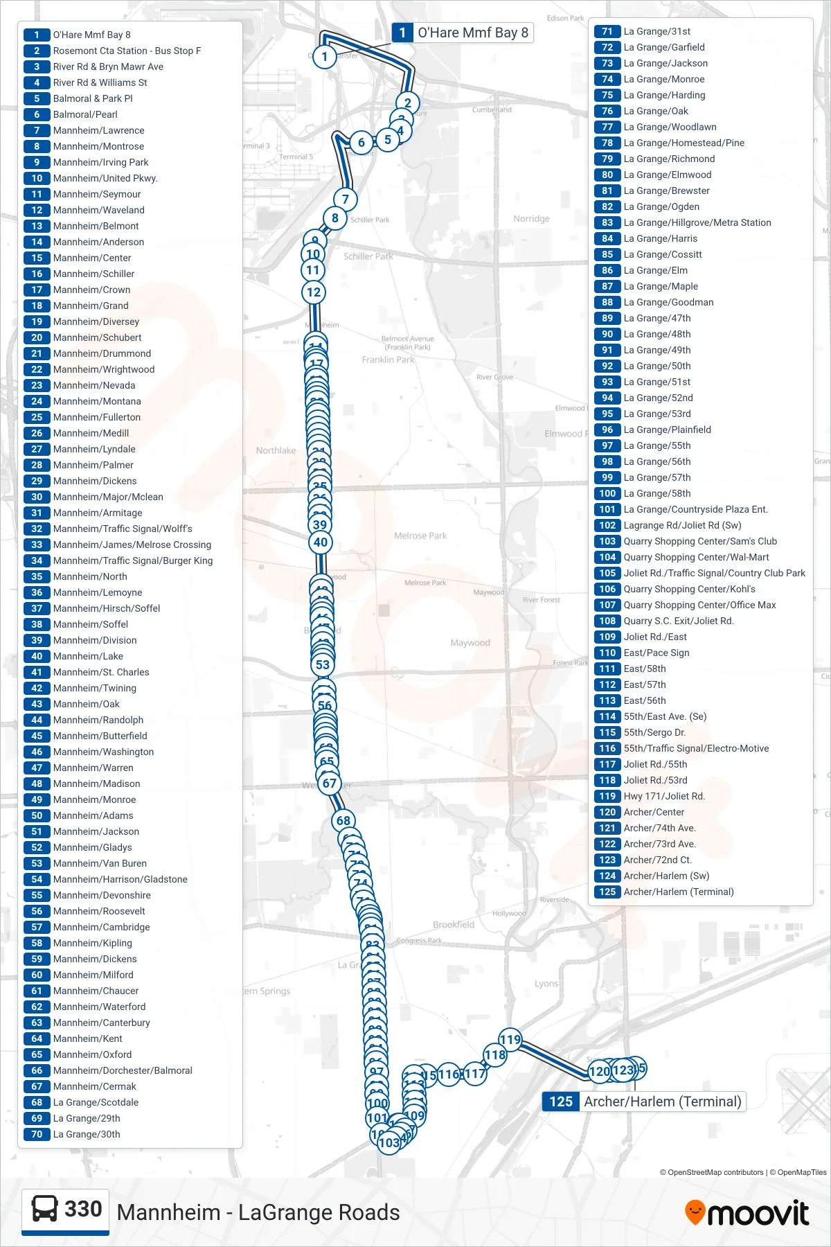 330 bus Line (Archer/Harlem (Terminal)) route and stops on a map