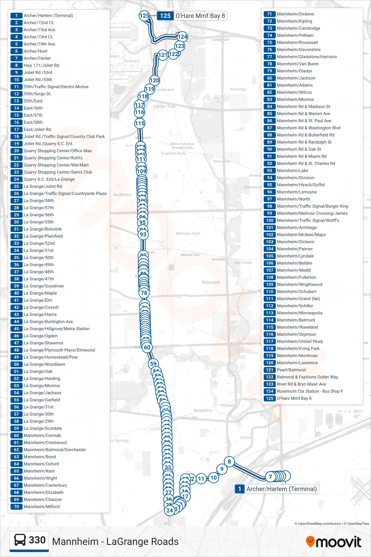 330 bus Line (O'Hare Mmf Bay 8) route and stops on a map
