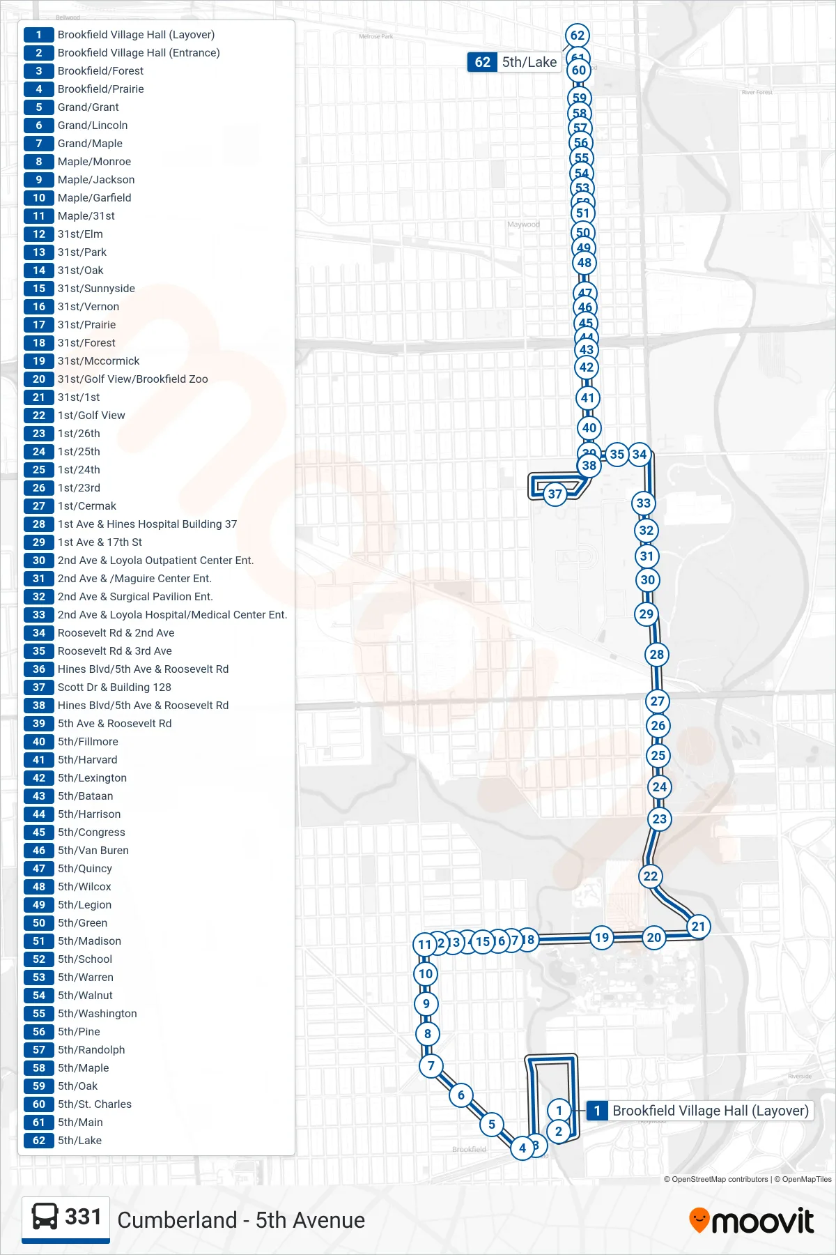 331 bus Line (5th/Lake) route and stops on a map