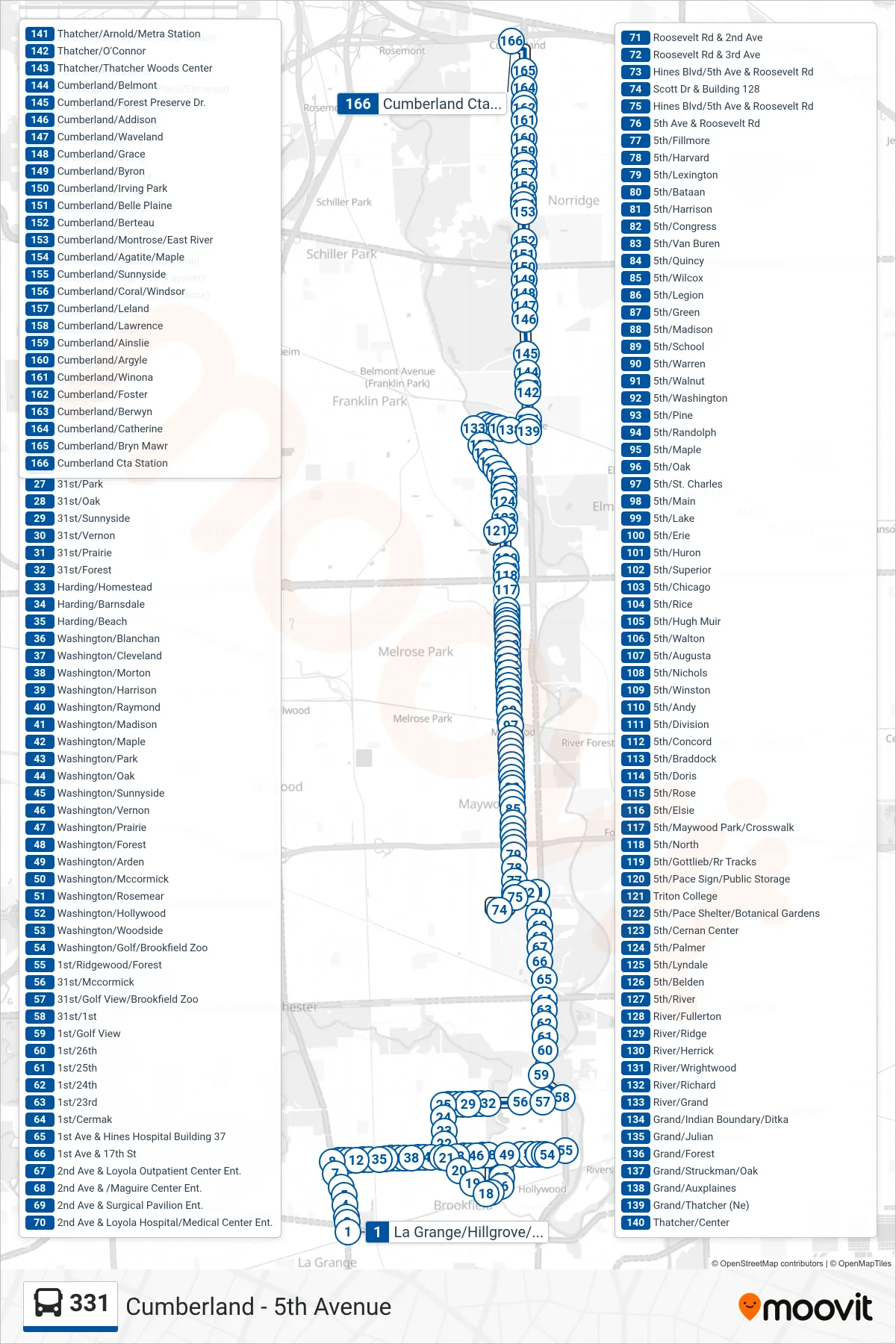 331 bus Line (Cumberland Cta Station) route and stops on a map