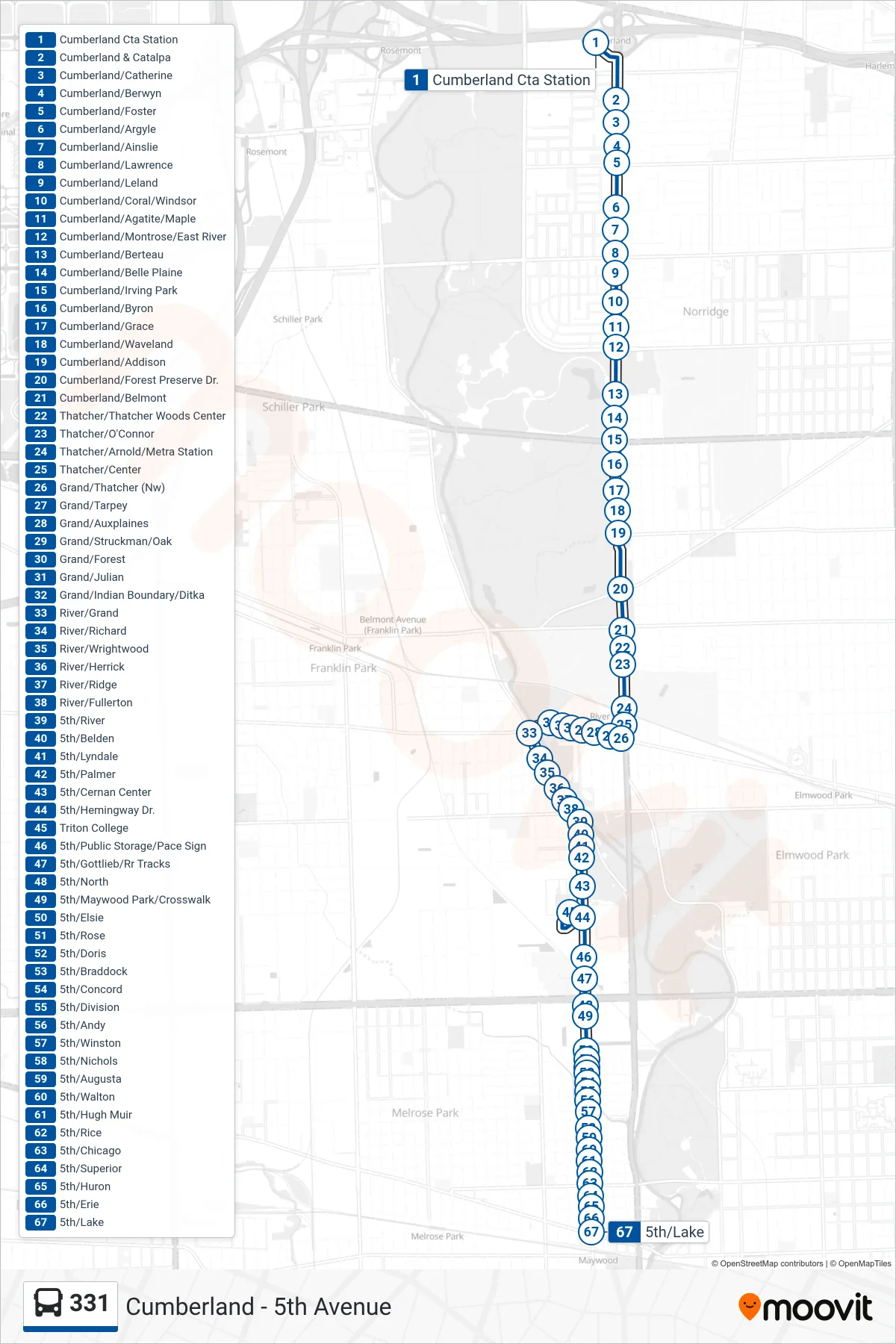 331 bus Line (5th/Lake) route and stops on a map
